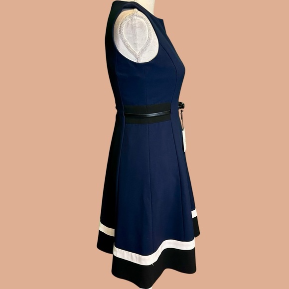NWT Calvin Klein Fit & Flare Colorblock Belted Dress in Navy Blue & Black Stripe - Picture 14 of 16
